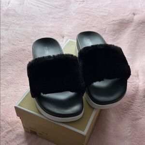 Michael Kors Women's Black Fuzzy Slide Sandals